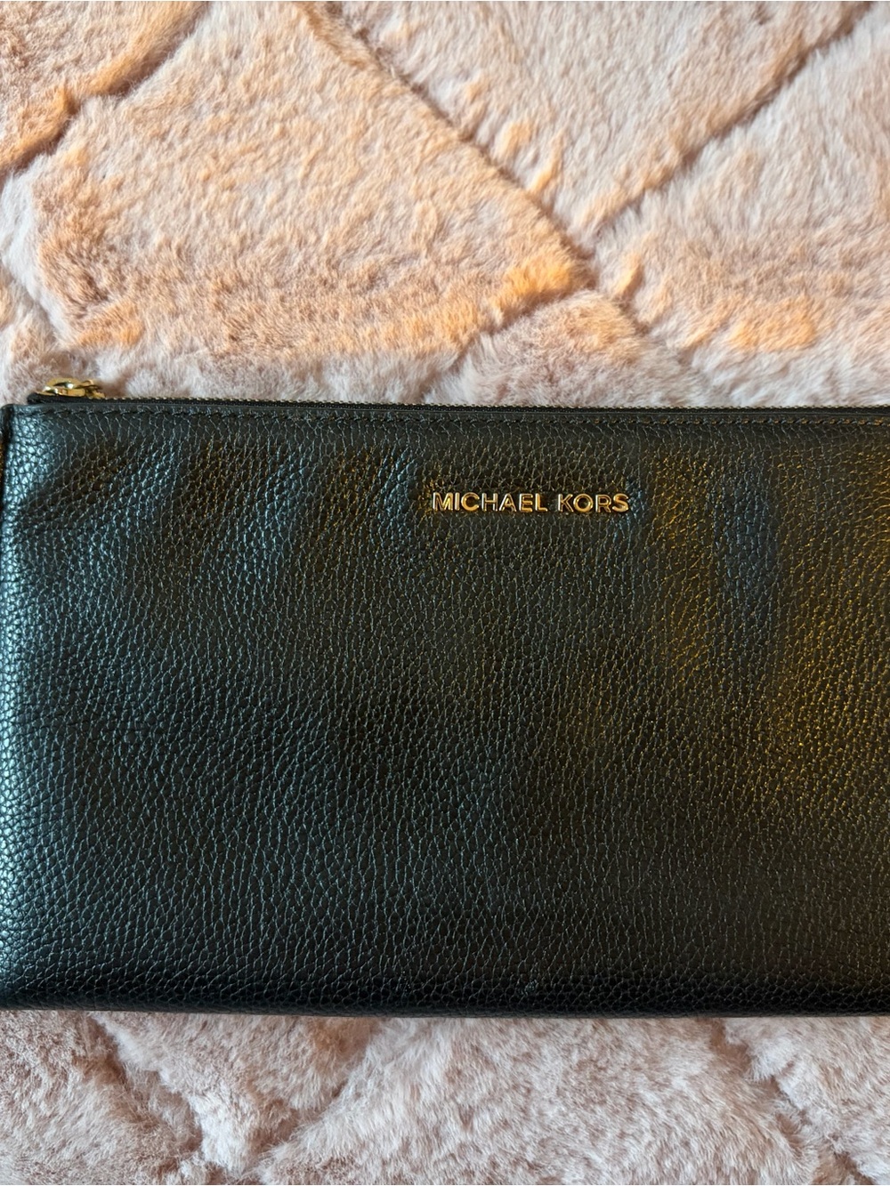 Michael Kors Black Leather Zip Wristlet with Gold Logo